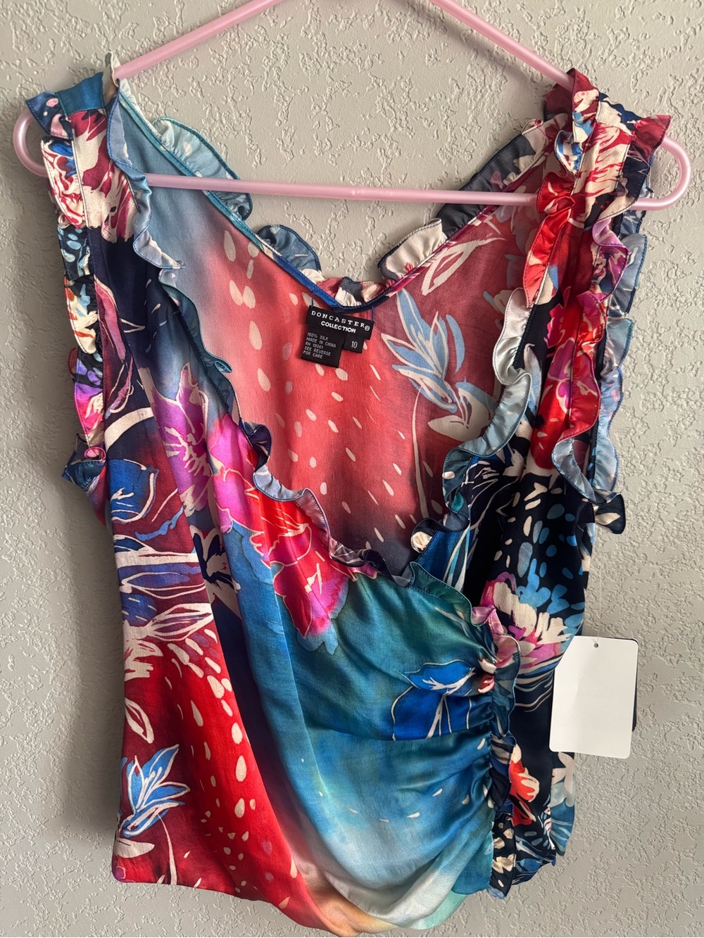 NWT Doncaster Collection 100% Silk Floral Ruffle Ruched Blouse Top Size 10